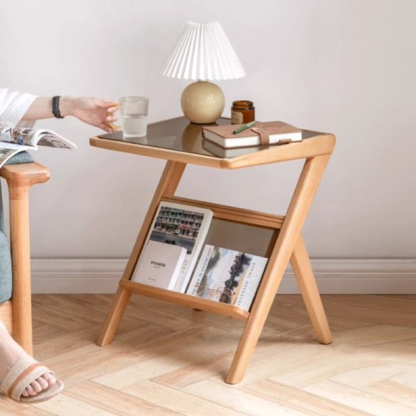 Erika Modern Glass Side Table with Z-Shaped Beech Wood Frame